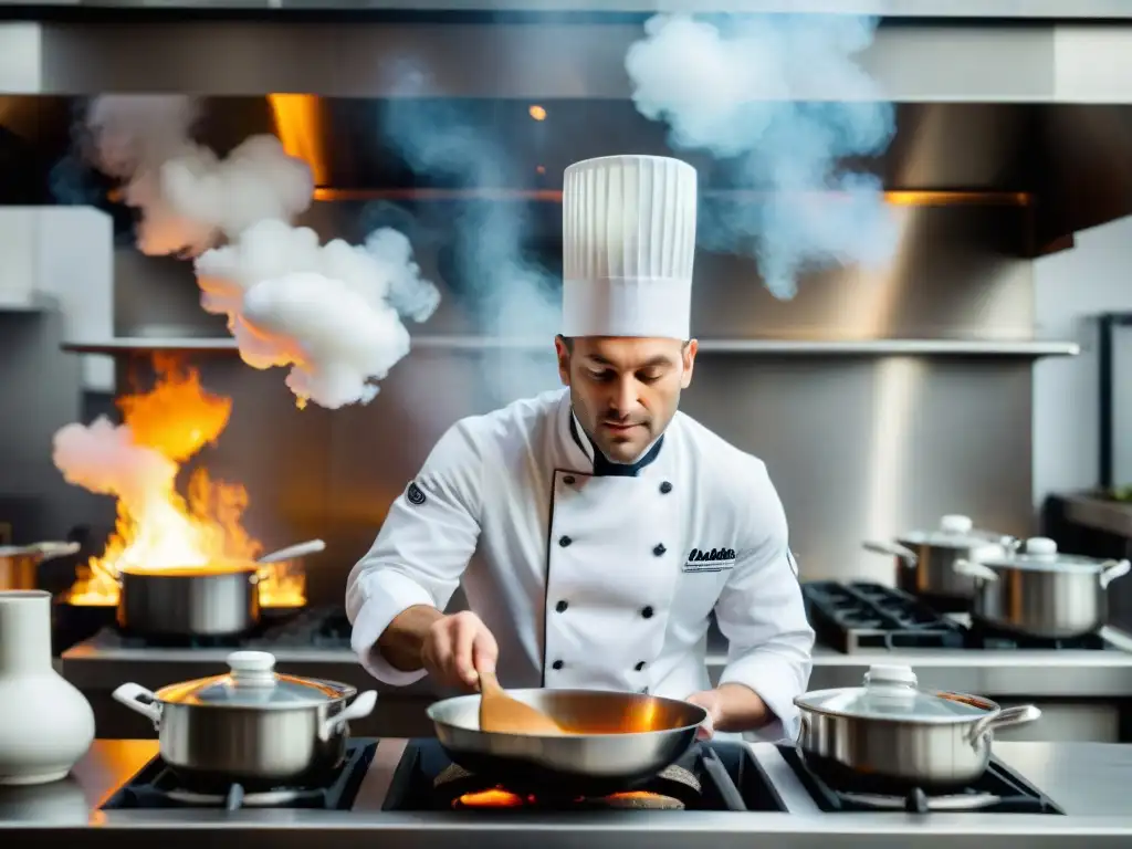 Un chef francés en una cocina parisina bulliciosa, concentrado en emplatar con precisión