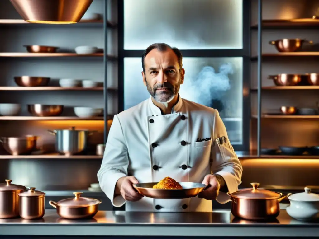 Un chef francés en su cocina parisina tradicional, plato exquisito