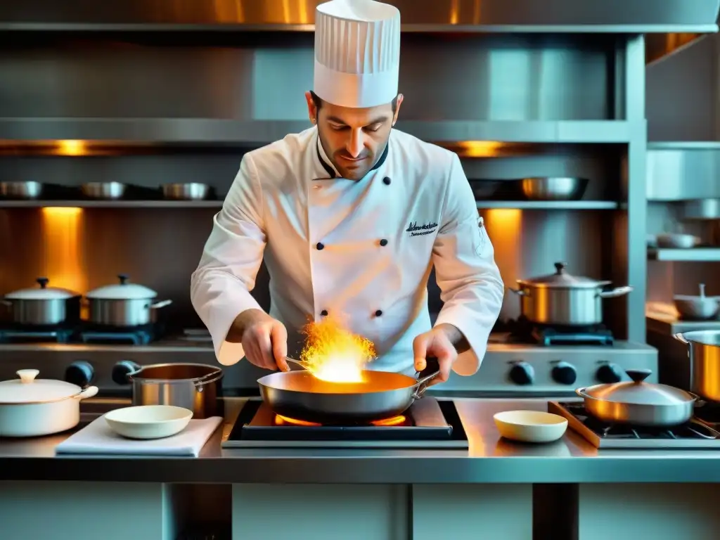 Un chef francés en una cocina parisina creando una escultura de azúcar, reflejando la innovación culinaria francesa en vivo