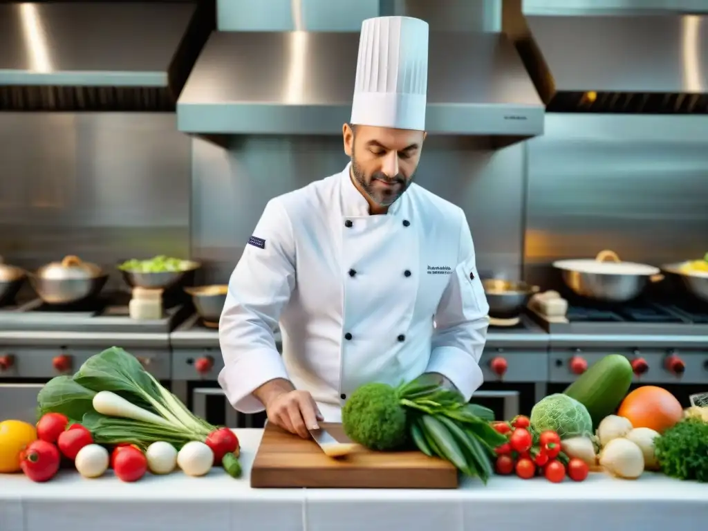 Un chef francés en su cocina parisina preparando gastronomía francesa sostenible