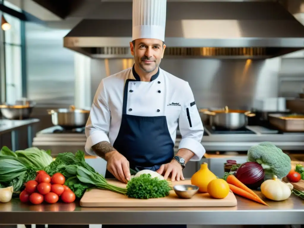 Un chef francés en una cocina parisina creando platos innovadores con ingredientes frescos y sostenibles