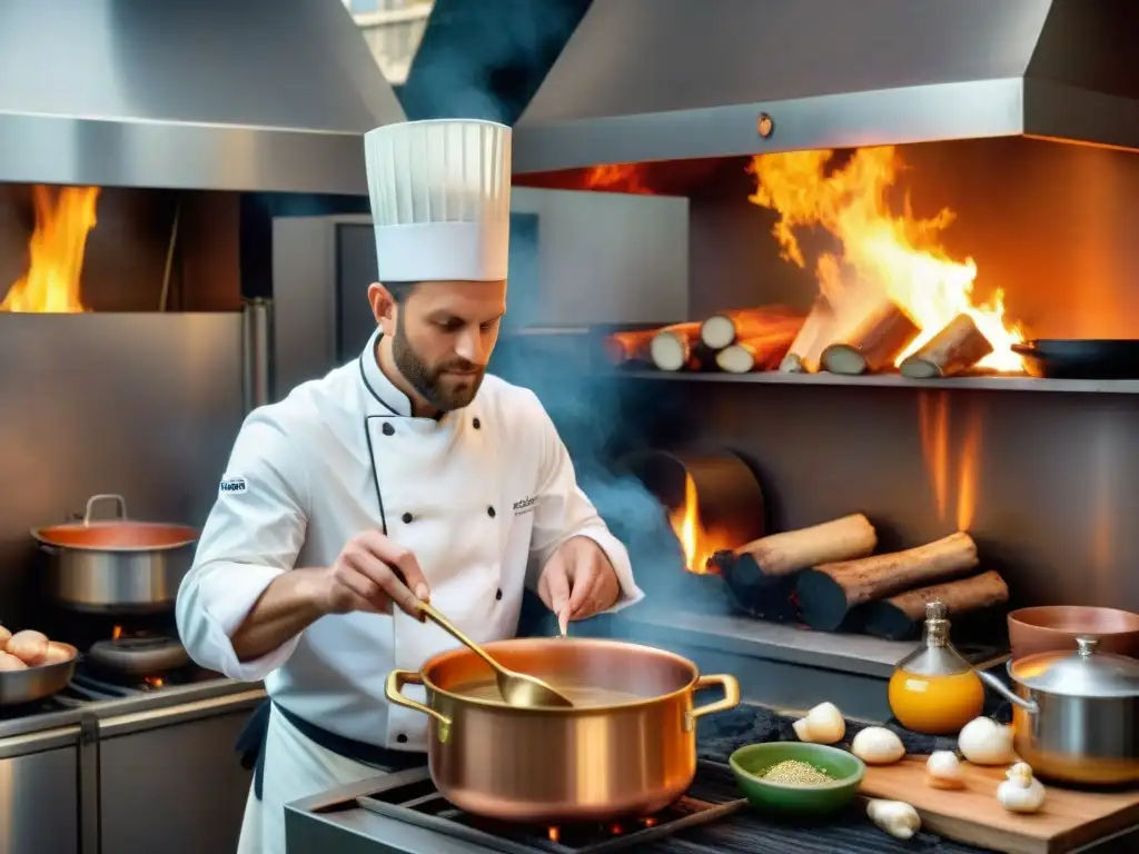 Un chef francés en una cocina parisina preparando caldo de hueso de res