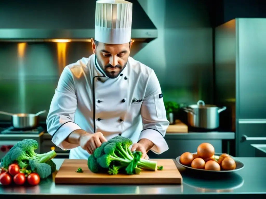 Un chef francés en su cocina profesional, preparando un plato gourmet con brócoli en un ambiente refinado y artístico