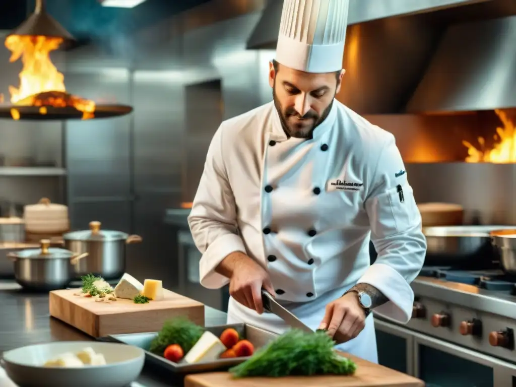 Chef francés experto en flambeado en cocina profesional Un chef francés flambeando con pasión en una cocina profesional
