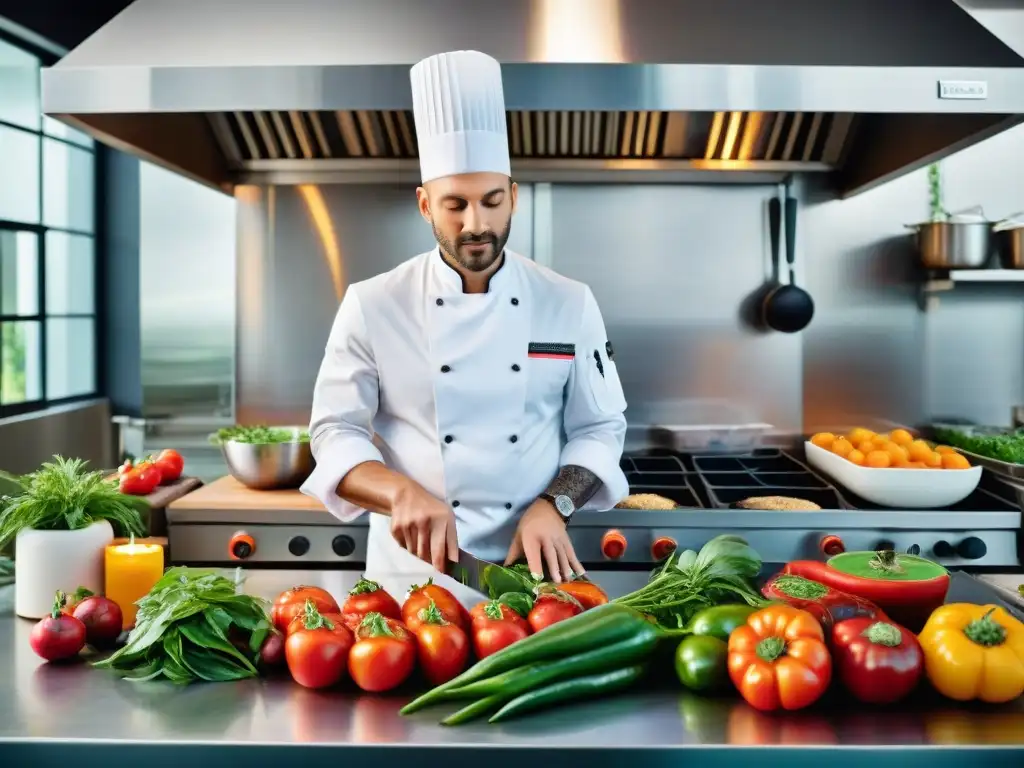 Un chef francés en una cocina profesional con ingredientes orgánicos, practicando cocina ecofriendly