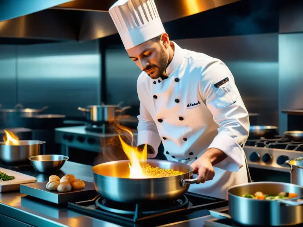 Un chef francés flambeando con maestría en una cocina profesional