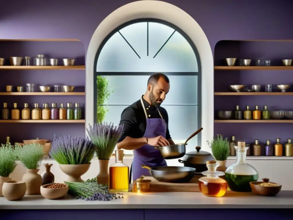 Un chef francés en una cocina provenzal tradicional, añadiendo lavanda a una olla, rodeado de hierbas y especias