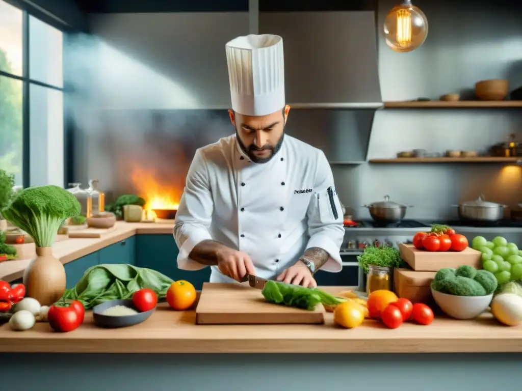 Un chef francés en una cocina de París creando una receta cero desperdicios con precisión y dedicación