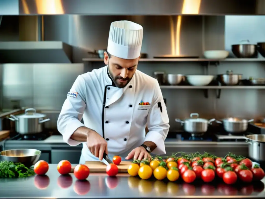 Chef francés innovando en la cocina con maestría, rodeado de ingredientes frescos