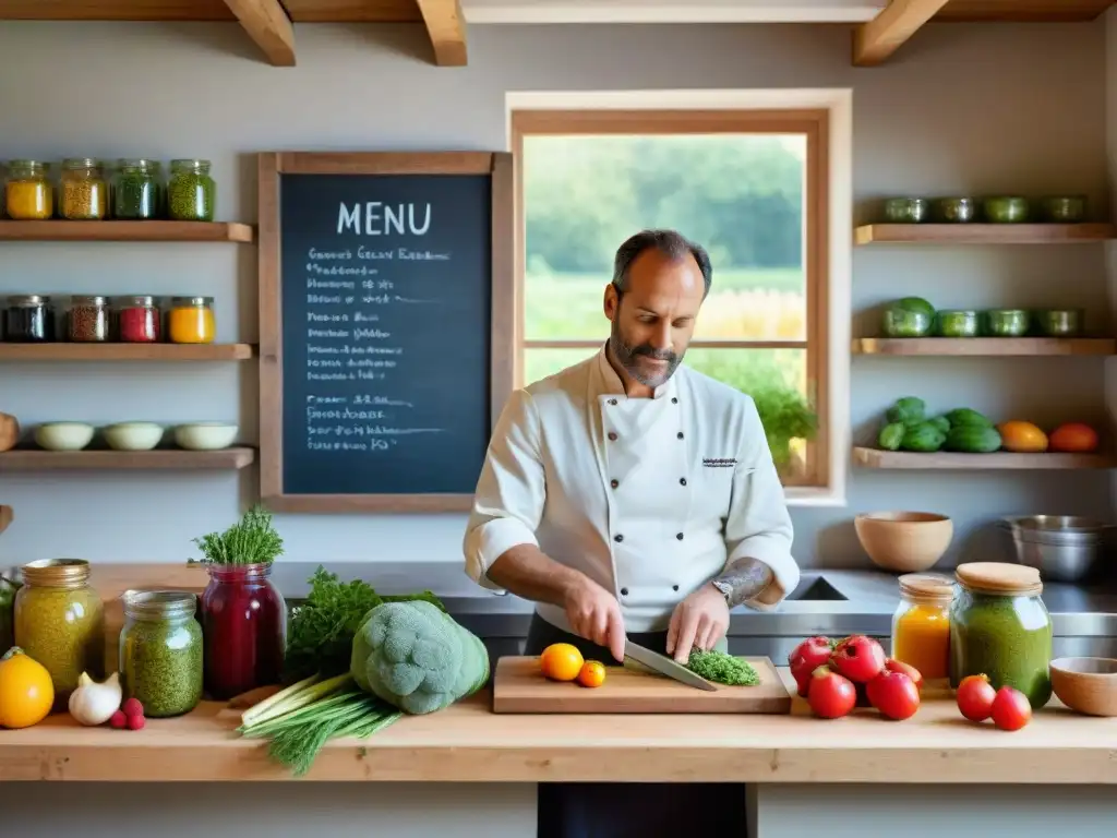 Un chef francés en una cocina rústica, preparando plato con ingredientes frescos de su jardín permacultural