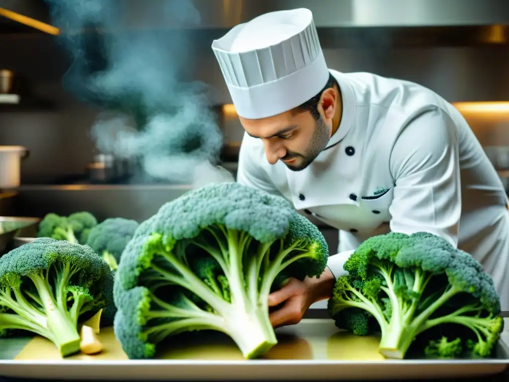 Un chef francés en una cocina sofisticada preparando un plato gourmet con brócoli