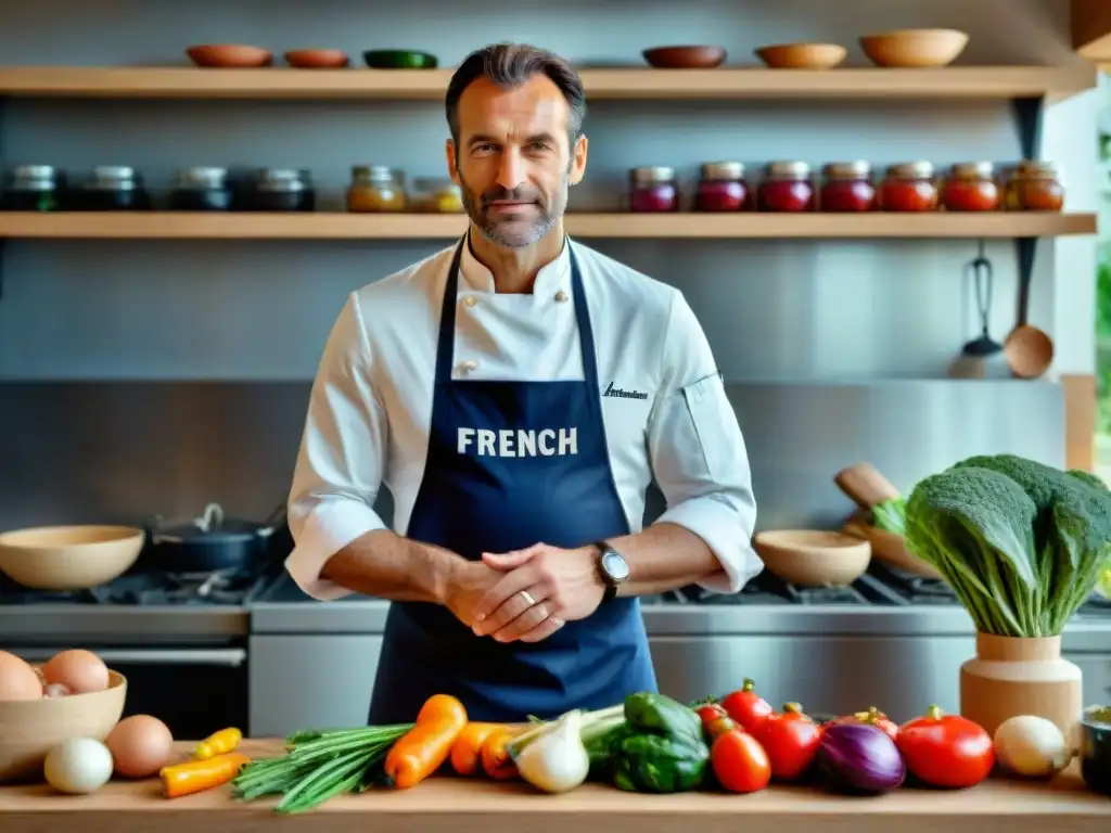 Un chef francés en su cocina sostenible, preparando vegetales coloridos