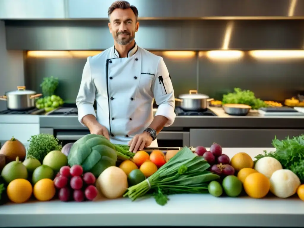 Un chef francés en una cocina sostenible sin carne creando arte culinario innovador