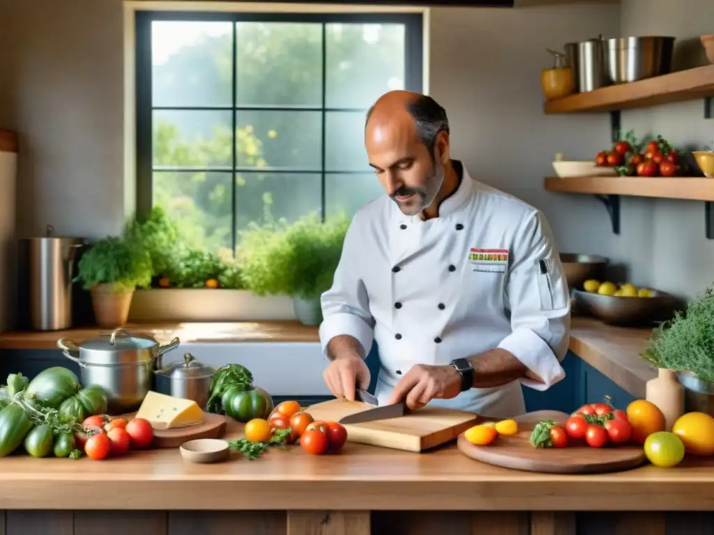 Un chef francés en cocina sostenible, cortando ingredientes frescos