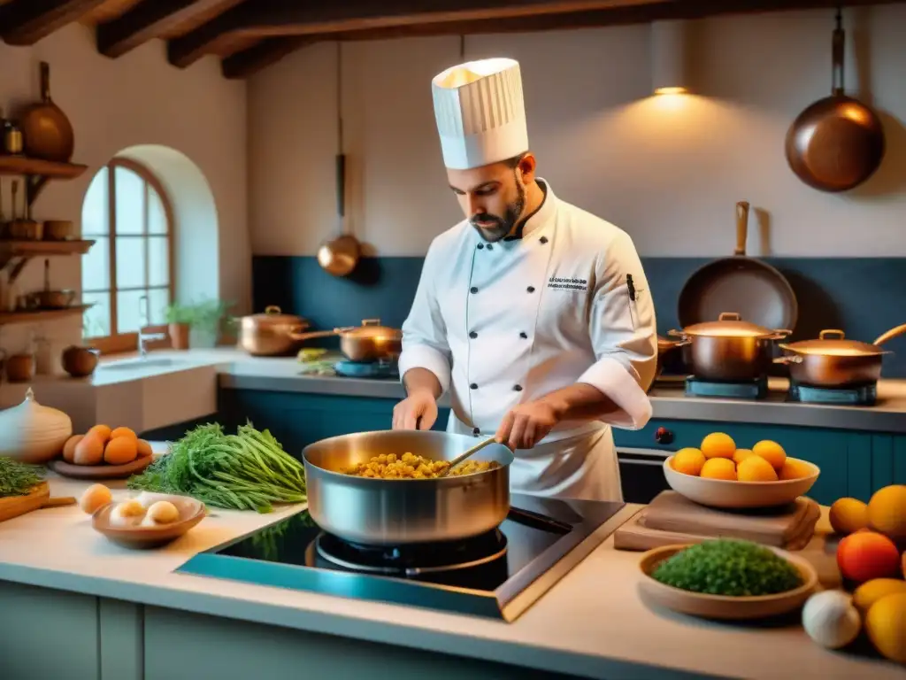 Un chef francés en una cocina tradicional, usando técnicas culinarias ancestrales en Francia