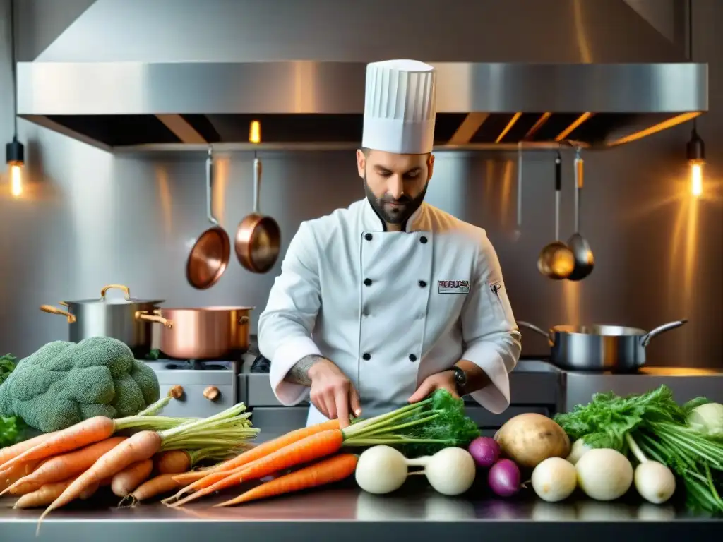 Un chef francés en una cocina tradicional preparando una receta con vegetales, destacando la gastronomía francesa