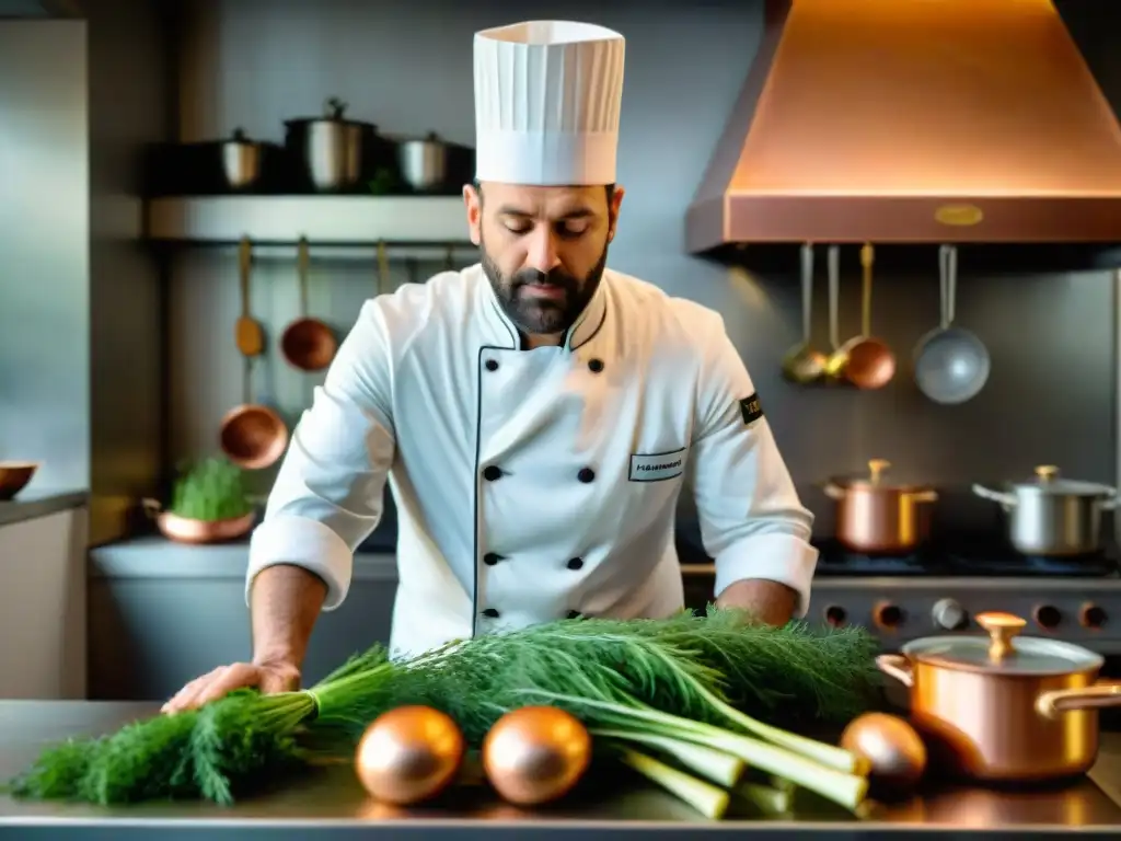 Un chef francés en su cocina tradicional cortando eneldo fresco