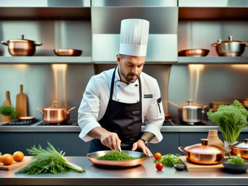 Un chef francés redefiniendo la cocina tradicional con creatividad, rodeado de ingredientes y utensilios en una cocina moderna