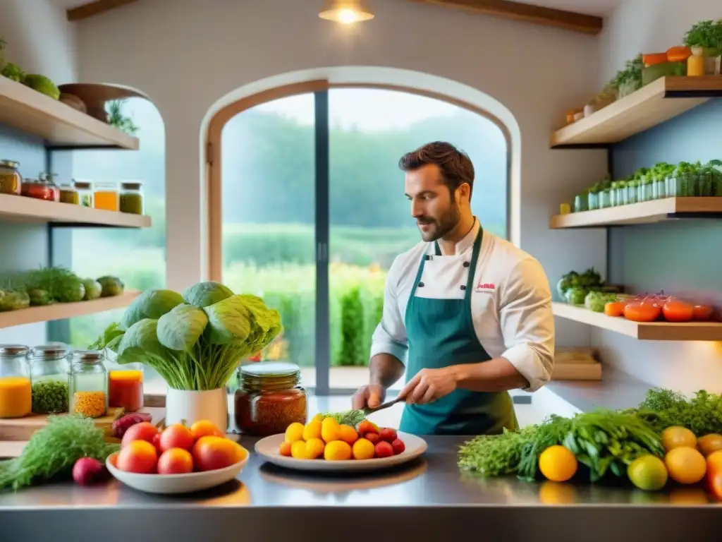 Un chef francés en una cocina tradicional prepara platos con ingredientes de un jardín permacultural, mostrando la conexión entre la huerta y el plato