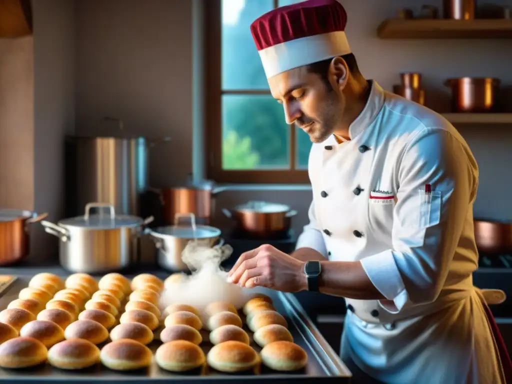 Un chef francés en su cocina tradicional, creando un exquisito éclair