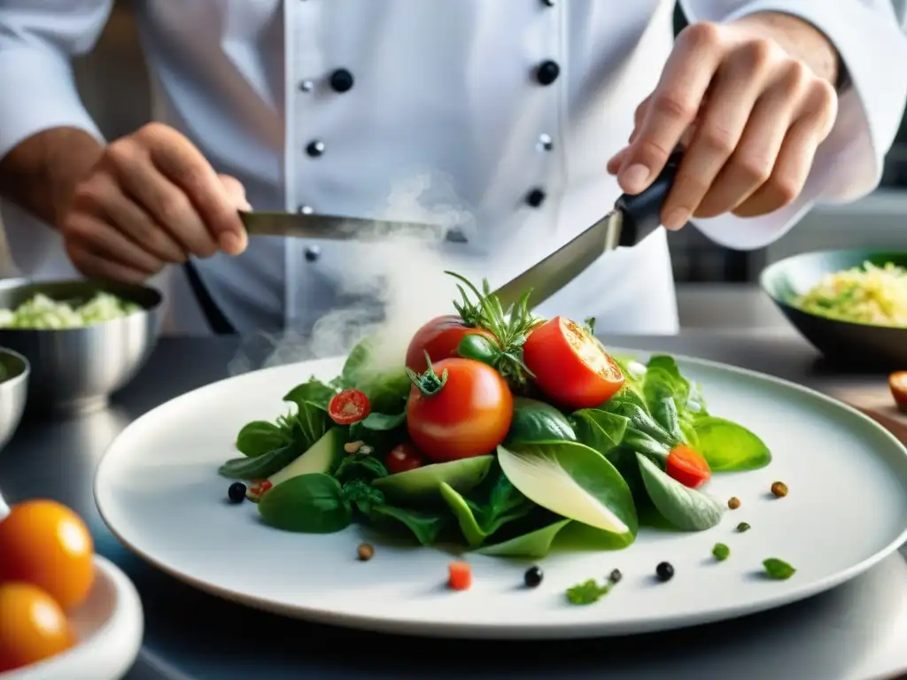 Un chef francés preparando una colorida ensalada gourmet con ingredientes frescos