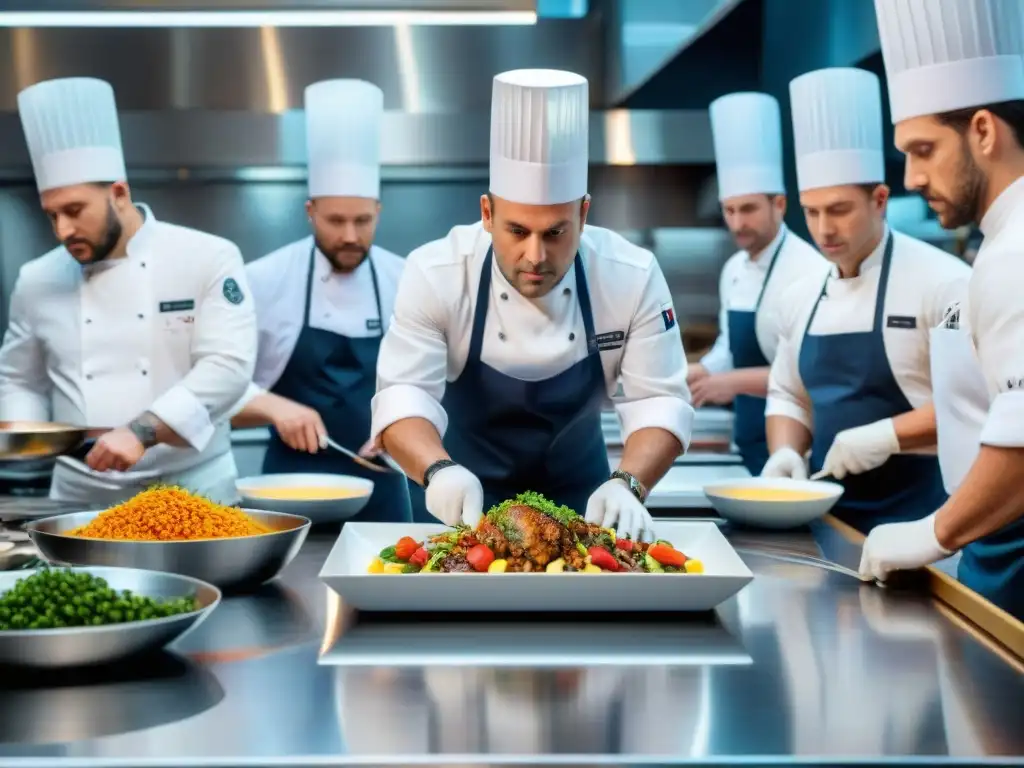 Chef francés en competencia culinaria internacional, preparando plato exquisito con precisión y dedicación