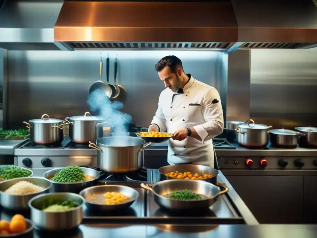 Un chef francés preparando una compleja receta en la cocina de un bistró, evocando misterio y arte culinario