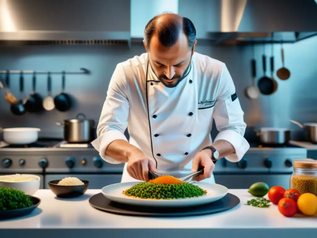 Un chef francés plenamente concentrado en plato gourmet, rodeado de referencias a músicos franceses en cocina moderna