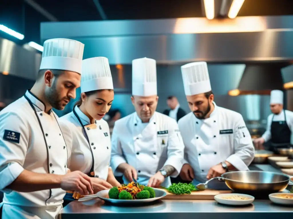 Un chef francés en un concurso culinario, concentrado en su plato, rodeado de competidores y jueces