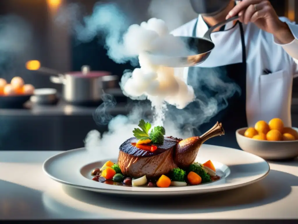 Un chef francés contemporáneo preparando platos tradicionales franceses modernos en una cocina elegante y moderna