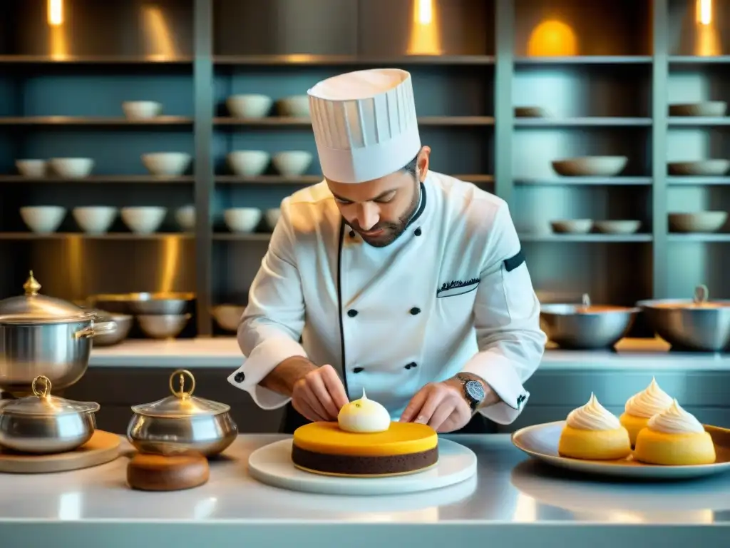 Un chef francés contemporáneo crea postre delicado en cocina moderna