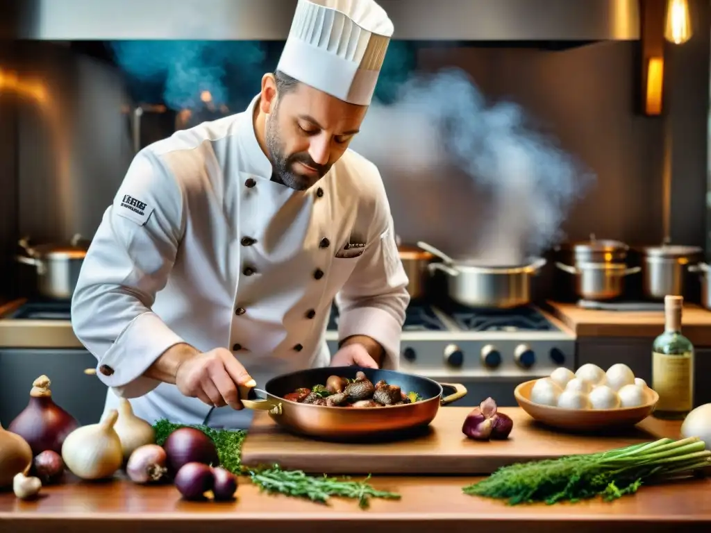 Un chef francés elaborando un Coq au Vin en una cocina parisina, transmitiendo la importancia de la fotografía en la cocina francesa