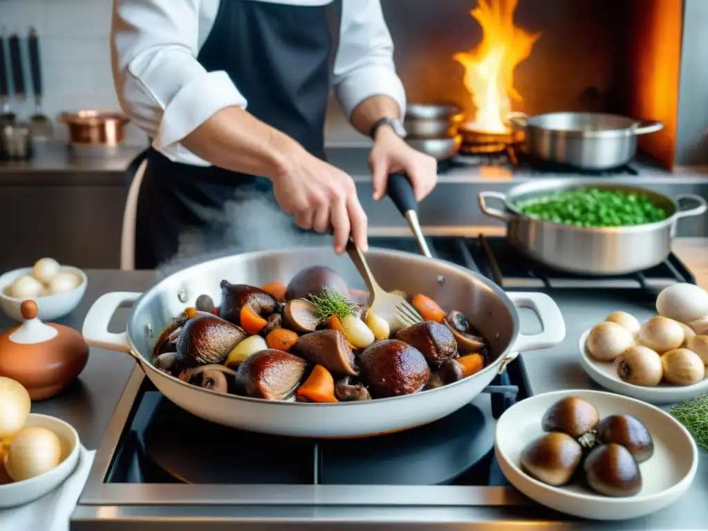 Un chef francés preparando Coq au Vin en una cocina parisina, representando la influencia gastronomía francesa literatura mundial