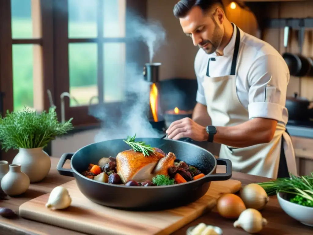 Un chef francés preparando Coq au Vin en una cocina rústica, con técnicas al vacío gastronomía francesa