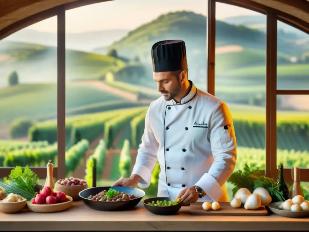 Un chef francés preparando Coq au Vin en una cocina rústica con ingredientes frescos, destacando la gastronomía francesa recetas tradicionales