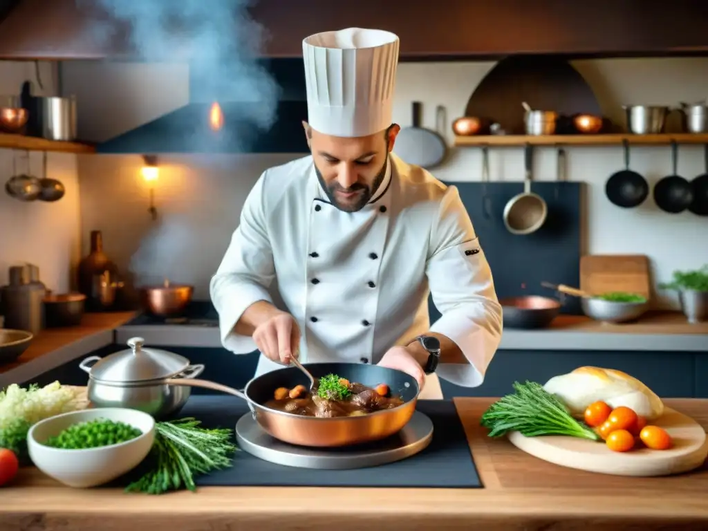 Un chef francés preparando Coq au Vin en una cocina rústica del Valle del Loira, destacando la gastronomía francesa y sus recetas tradicionales