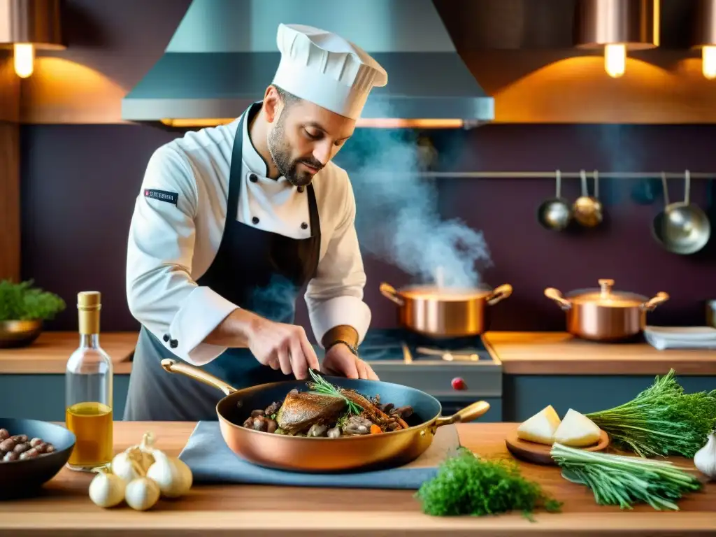 Un chef francés preparando Coq au Vin en una cocina tradicional francesa