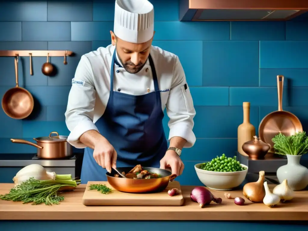 Un chef francés preparando Coq au Vin en una cocina parisina, influencia gastronomía francesa cocina