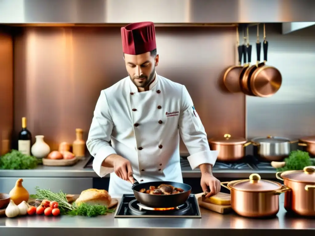 Un chef francés preparando Coq au Vin en una cocina clásica francesa