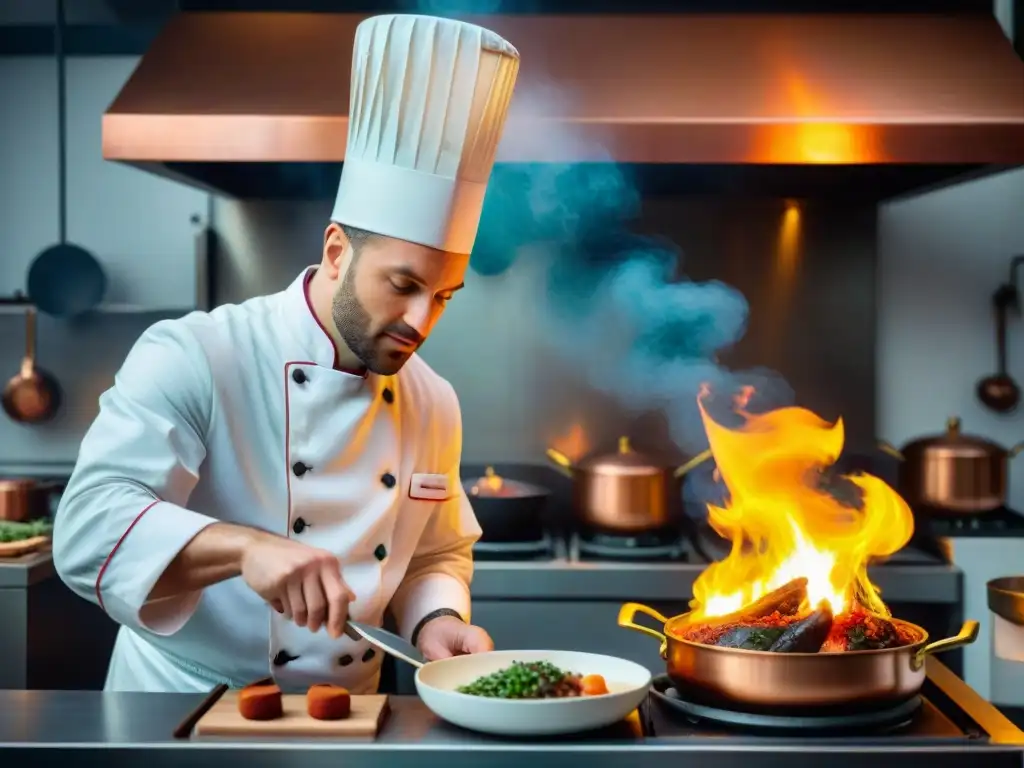 Un chef francés flambéa Coq au Vin en una cocina parisina