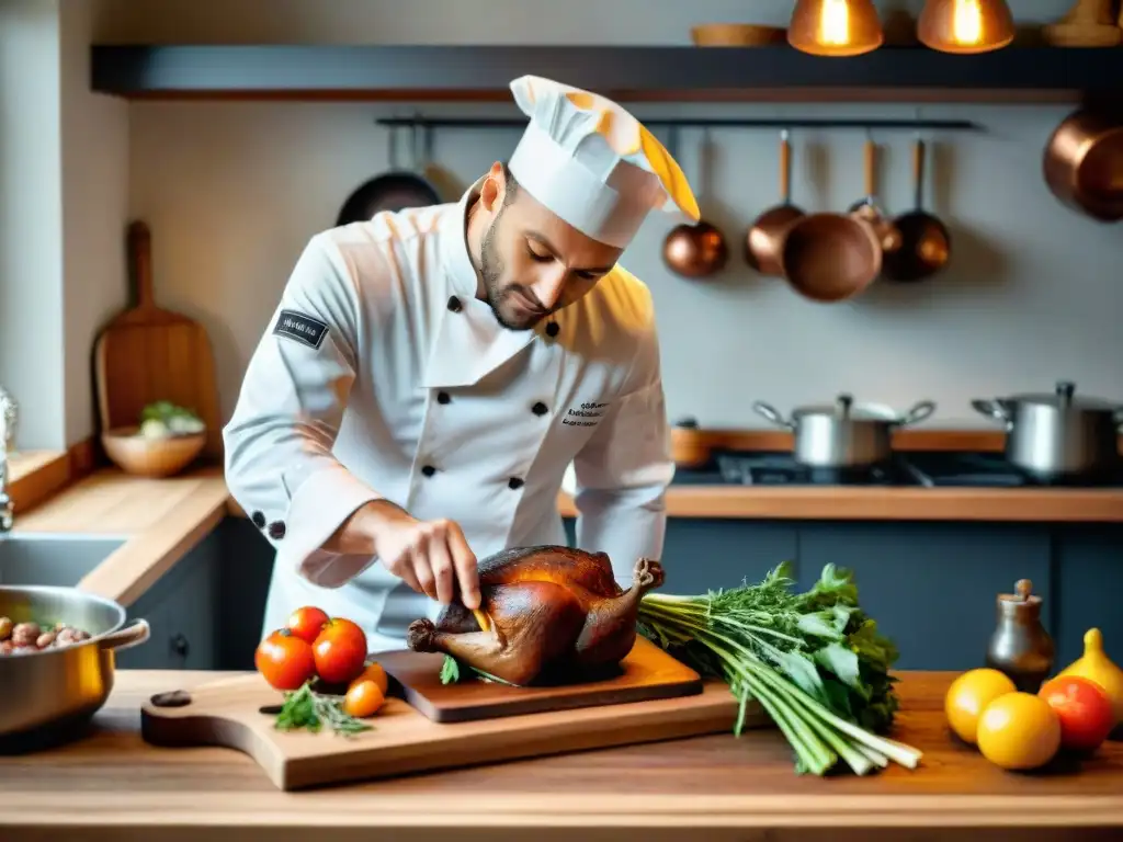 Un chef francés preparando Coq au Vin en cocina rústica