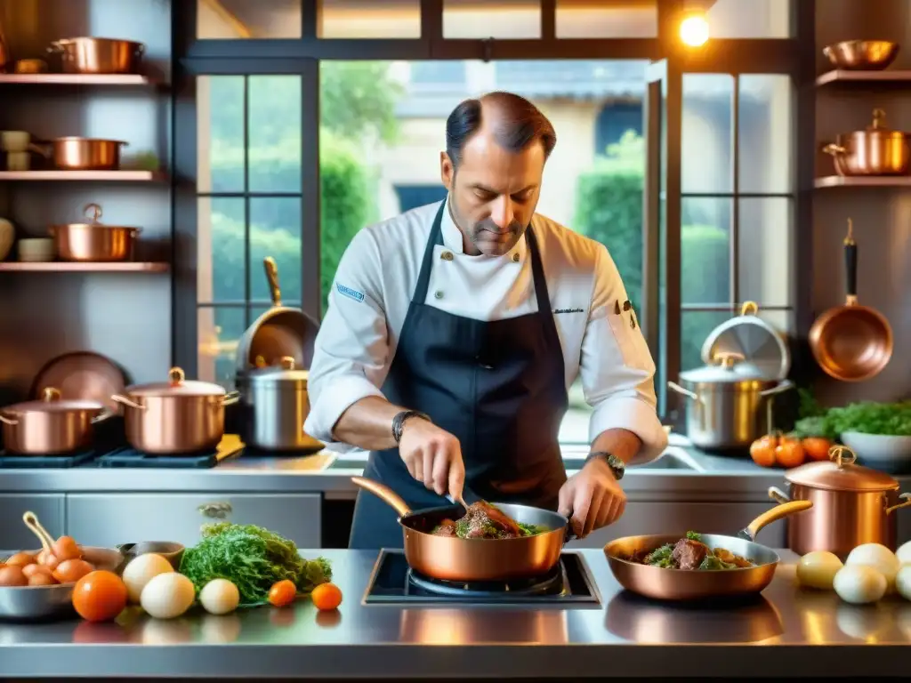 Un chef francés preparando Coq au Vin en una cocina parisina con utensilios de cobre, ingredientes frescos y un mercado animado a través de la ventana