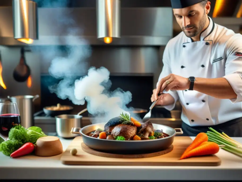 Un chef francés preparando Coq au Vin en una cocina profesional