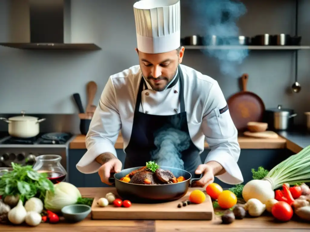 Un chef francés preparando Coq au Vin en una cocina parisina, ideal para cursos de cocina francesa avanzados