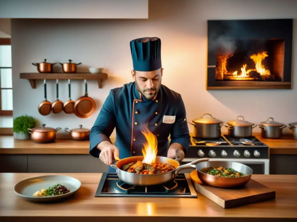 Un chef francés flambéa un Coq au Vin en cocina clásica rodeado de utensilios de cobre y un libro de recetas