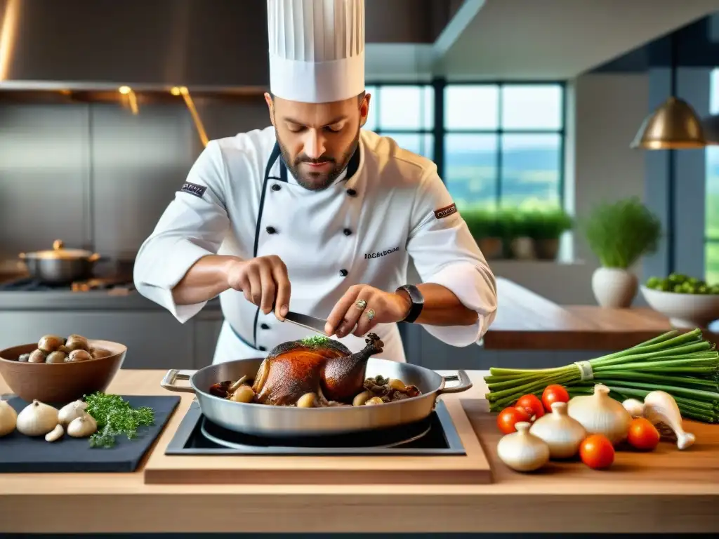 Un chef francés preparando Coq au Vin en cocina moderna