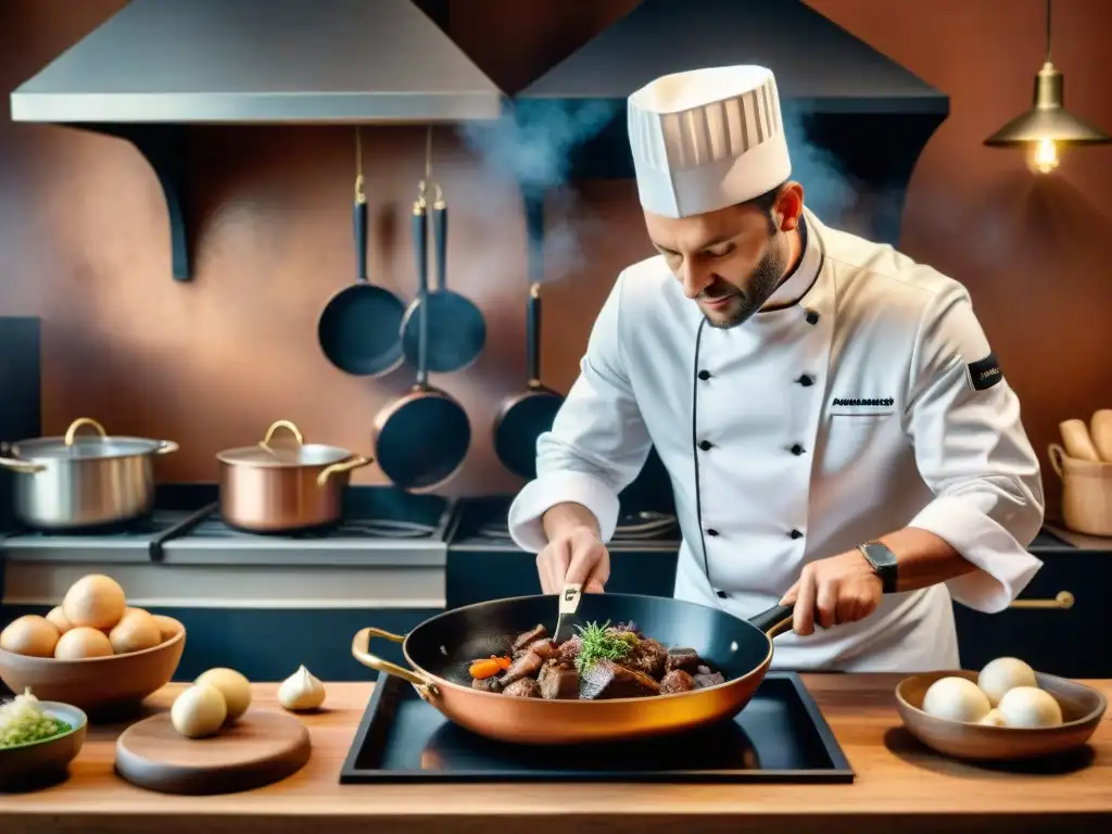 Un chef francés preparando Coq au Vin en cocina tradicional