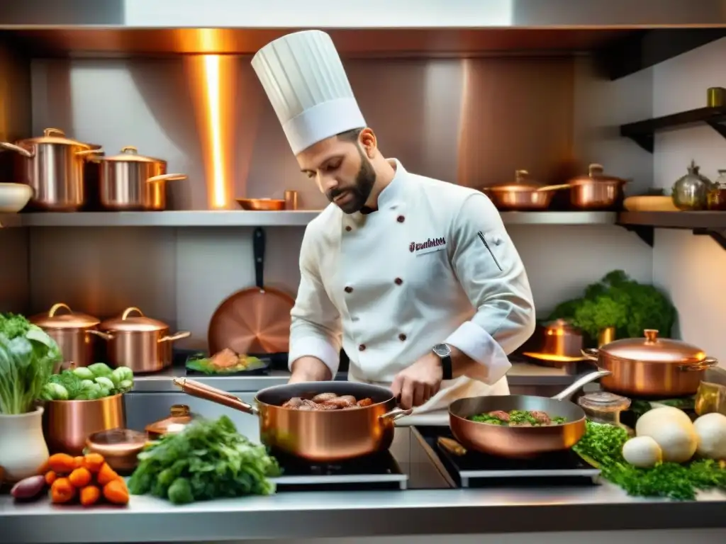 Un chef francés preparando Coq au Vin en una cocina tradicional llena de magia y precisión