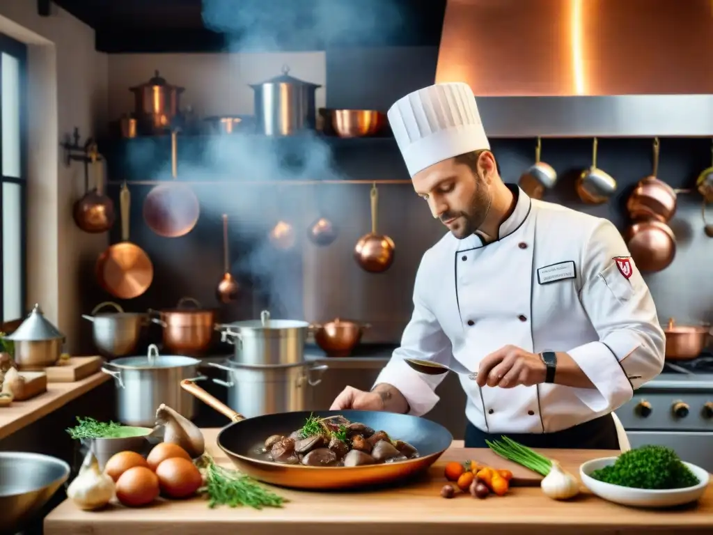 Un chef francés preparando Coq au Vin en cocina tradicional, evocando la gastronomía francesa