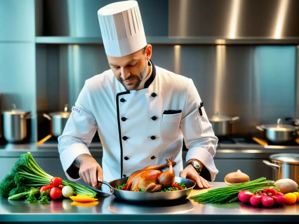 Un chef francés preparando Coq au Vin en cocina moderna